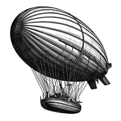 Classic airship illustration flying high, depicting historic dirigible transportation, a detailed engraving of early flight technology.