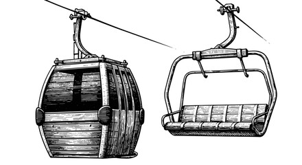Engraved ski lift illustration with both gondola and open chair variations. Classic ski lift design shows intricate mechanisms for mountain transport.