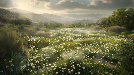 Sunlit meadow filled with white wildflowers, distant hills, and hazy atmospheric perspective