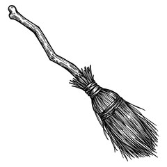Drawn witch broom, gnarled wooden stick, straw bristles. Classic witch broom features crooked handle, bone, perfect for spooky decor. Creative witch broom art for Halloween designs, party invites,