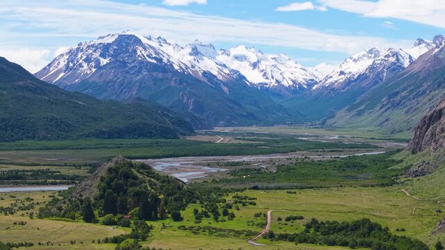 El Chalten, Argentina aerial by drone showing Mount Fitz Roy mountain peak, Patagonia