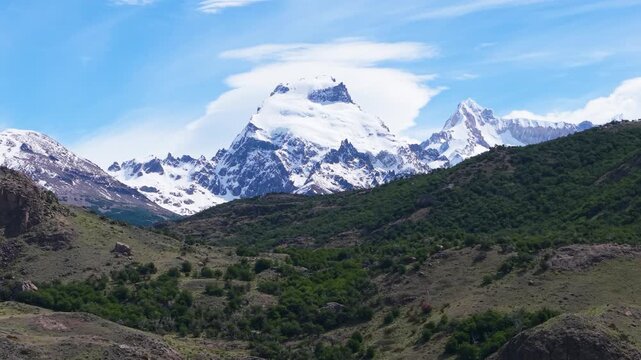 El Chalten, Argentina aerial by drone showing Mount Fitz Roy mountain peak, Patagonia