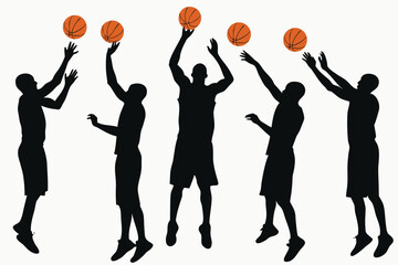 Silhouettes of basketball players jumping and shooting balls against a white background