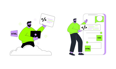 Man Explaining Web programming. Male showing screen computer programmer software coding language.