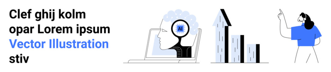 Artificial intelligence, data visualization, digital growth, technology trends, innovation, brainstorming. Human head with a digital element, bar chart person pointing. AI development and data