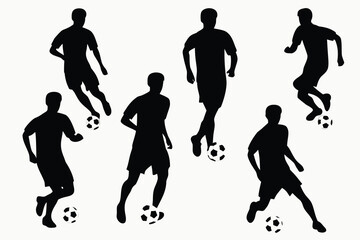 Silhouettes of six soccer players in action with footballs on a white background