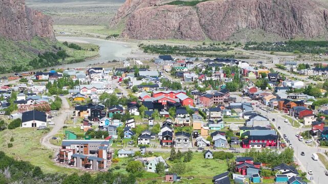 El Chalten, Argentina aerial by drone showing Mount Fitz Roy mountain peak, Patagonia