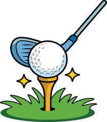 Cartoon golf ball on tee with club, sport equipment, summer game, professional recreation activity, grassy course