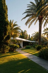 Obraz premium A contemporary house is nestled among lush palm trees and a vibrant green landscape, with a charming pathway winding through it during the enchanting hours of sunset