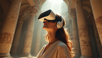 Woman wears VR headset and headphones inside ancient building. Girl looks up with curiosity, exploring history, culture, or art virtually. Future tech merges with past architecture.