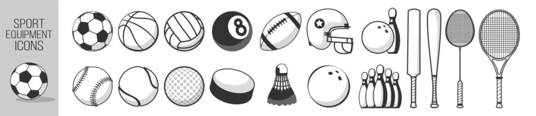 Sport equipment icons, ball collection, soccer, basketball, football, tennis, volleyball, baseball, cricket, hockey, golf, bowling, minimalist vector set on transparent background