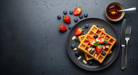 Delicious waffles topped with fresh berries and honey on dark background