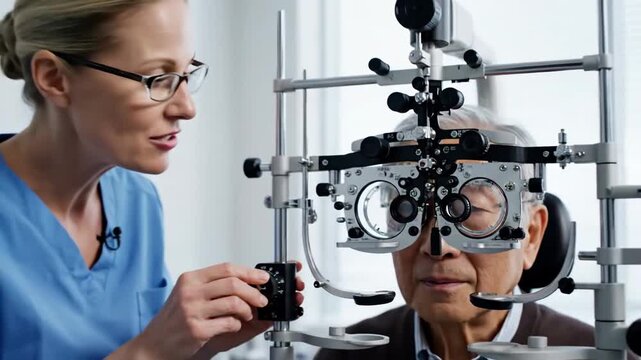 Woman Ophthalmologist Examining Elderly Patient's Eyesight During a Comprehensive Eye Exam