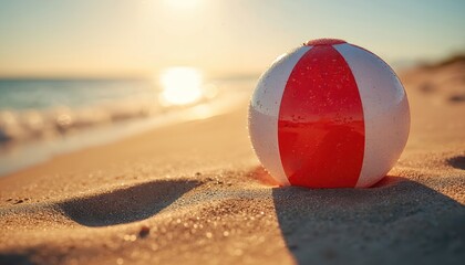 Obraz premium Red and white beach ball rests on sandy shore with ocean waves and sunlit sky in background. Water droplets glisten on ball surface under warm sunlight.