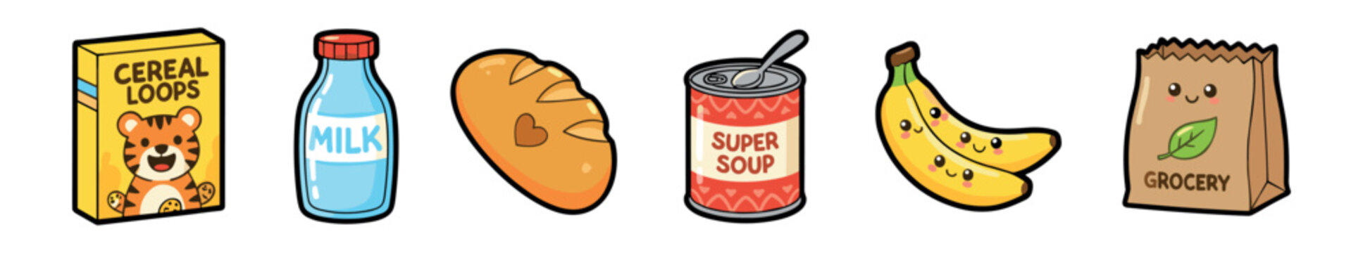 Cute set of cartoon grocery items including a cereal box, milk bottle, bread, soup can, bananas, and a paper bag, all with adorable kawaii faces in a charming vector illustration