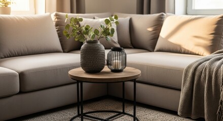 Fototapeta premium Cozy modern living room interior with a beige sofa and decor