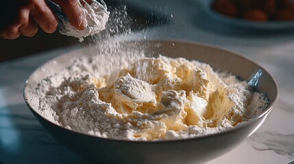 Baking process: Adding flour to butter in a bowl to prepare homemade cake batter
