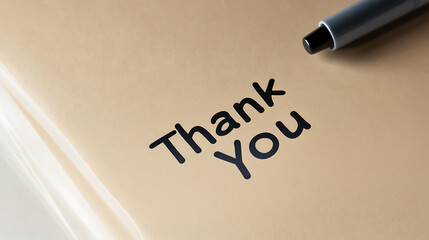 Thank you message on light brown paper with a black pen nearby, expressing gratitude and appreciation in a simple, elegant way. The perfect expression of thanks.