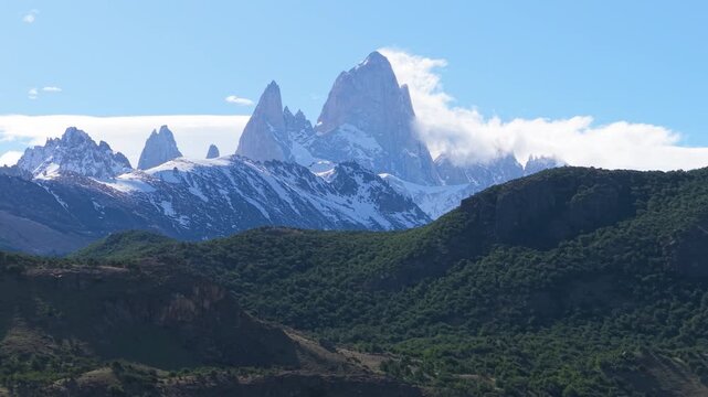 El Chalten, Argentina aerial by drone showing Mount Fitz Roy mountain peak, Patagonia