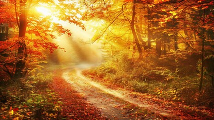 Sunlit path winds through autumnal forest; vibrant leaves and beams of light