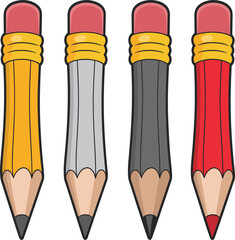 Cartoon short pencils set, colorful wooden graphite drawing tools, school supplies, art and education materials