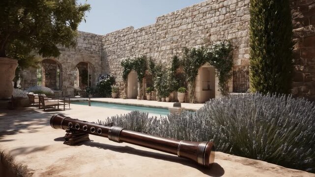 A wooden instrument rests on a wall overlooking a pool and stone architecture