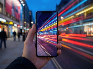 Creative photography concept of a phone capturing city traffic light trails at night.