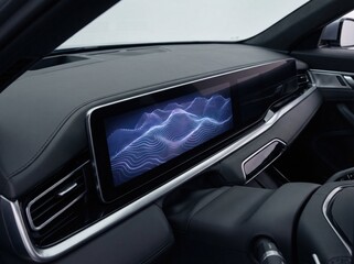 Futuristic car interior with a large infotainment screen on a luxury dashboard.