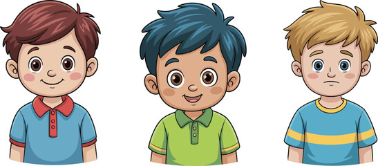 Diverse cartoon boys faces set, smiling children, kid portrait avatars, young happy multiracial student characters