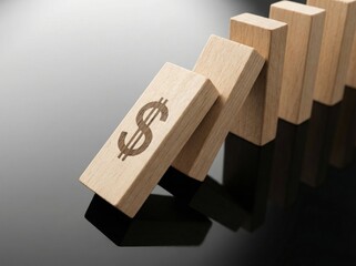 Domino Effect in Finance: Dollar Sign Block Starts a Chain Reaction Collapse.