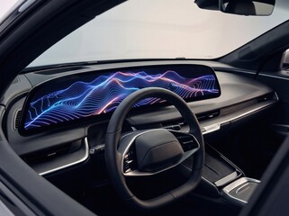 Futuristic electric vehicle interior with a panoramic digital dashboard display.