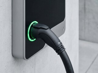 Close-up of a 350kW DC fast charger for an electric car with a green indicator light.