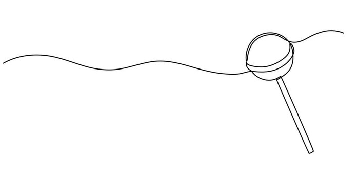 Animated self drawing of : Continuous line drawing of lollipop, spiral hard sugar candy on stick. Vector sketch of round caramel with striped swirls in one black contour isolated on white background, 