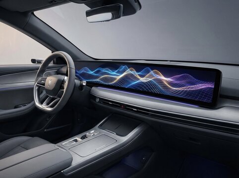 Futuristic Car Cockpit with a Panoramic Digital Dashboard and High-Tech Infotainment System. - Powered by Adobe