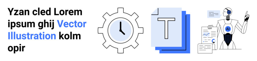 Automation, artificial intelligence, digital tools, productivity, futuristic interfaces, time management. Clock gear, text document robot pointing at data. Automation and artificial intelligence