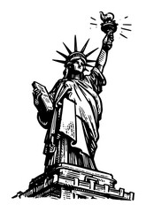 Statue of Liberty vector illustration, New York landmark sketch, USA freedom symbol woodcut design, american monument drawing