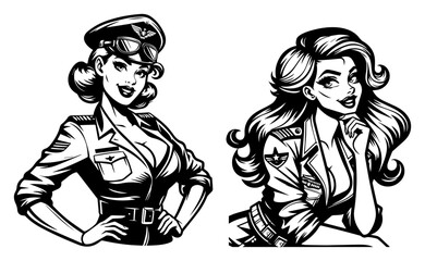 Retro military pin-up girls, vector illustration, vintage army women in uniform sketch, 1950s style beauty character design