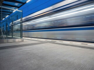 Speeding train with motion blur at a modern railway station platform at twilight.