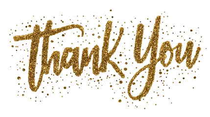 Elegant golden glitter script typography spelling thank you with sparkling confetti overlay perfect for celebratory messages and festive designs