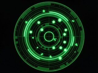 Futuristic Green Radar Screen with Blips for Surveillance and Tracking.
