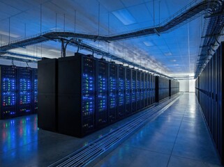 Modern Data Center Server Room with Rows of Racks and Blinking Lights.