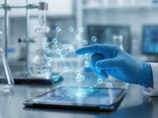 Scientist analyzing a holographic molecular structure using futuristic technology in a laboratory.