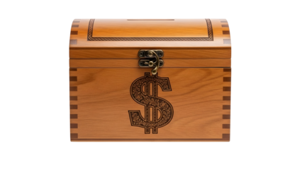 Wooden money box with ornate dollar sign engraving and antique metal clasp for savings concept