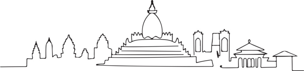 Continuous Line Art of Kathmandu Skyline with Pashupatinath Outline Minimal Illustration