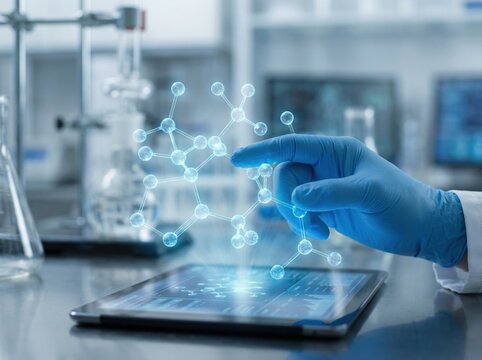 Scientist analyzing a holographic molecular structure using futuristic technology in a laboratory. - Powered by Adobe