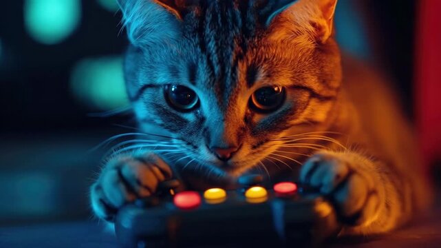 Playful kitten with game controller in neon lights