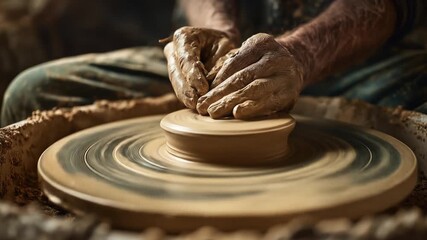 Close-up of hands shaping clay on a pottery wheel, blurred wheel motion, studio setting