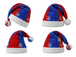 Four festive Santa hats with white trim and star decorations