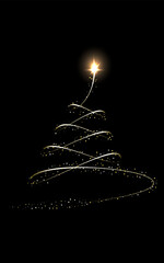 A radiant golden Christmas tree silhouette, formed by swirling lines and twinkling stars, glows against a deep black background, capturing festive holiday spirit and elegance