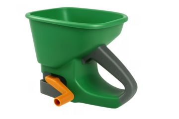 Green hand held seed and fertilizer spreader tool